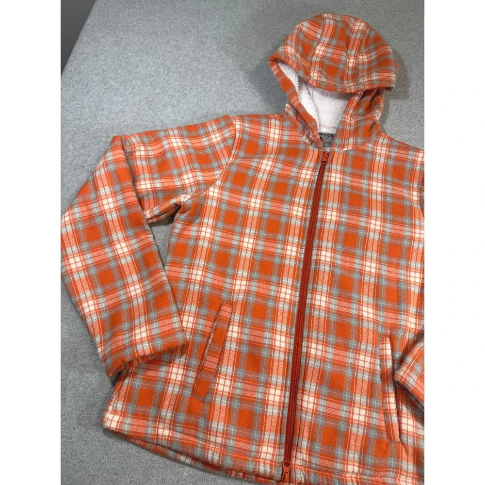 Riding Sport Sherpa Lined Plaid Hooded Jacket Women Small Orange Full Zip Fleece